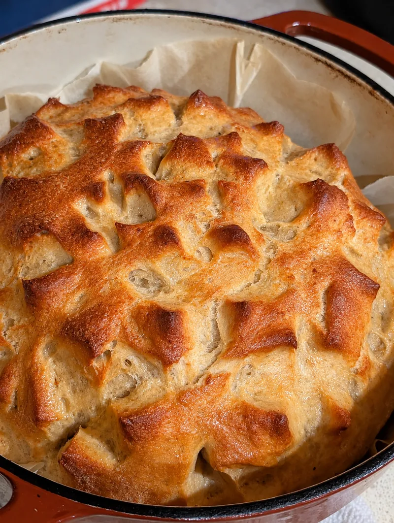 The boule in a red Dutch oven after brushing with browned butter, its scored crust turning glossy and golden