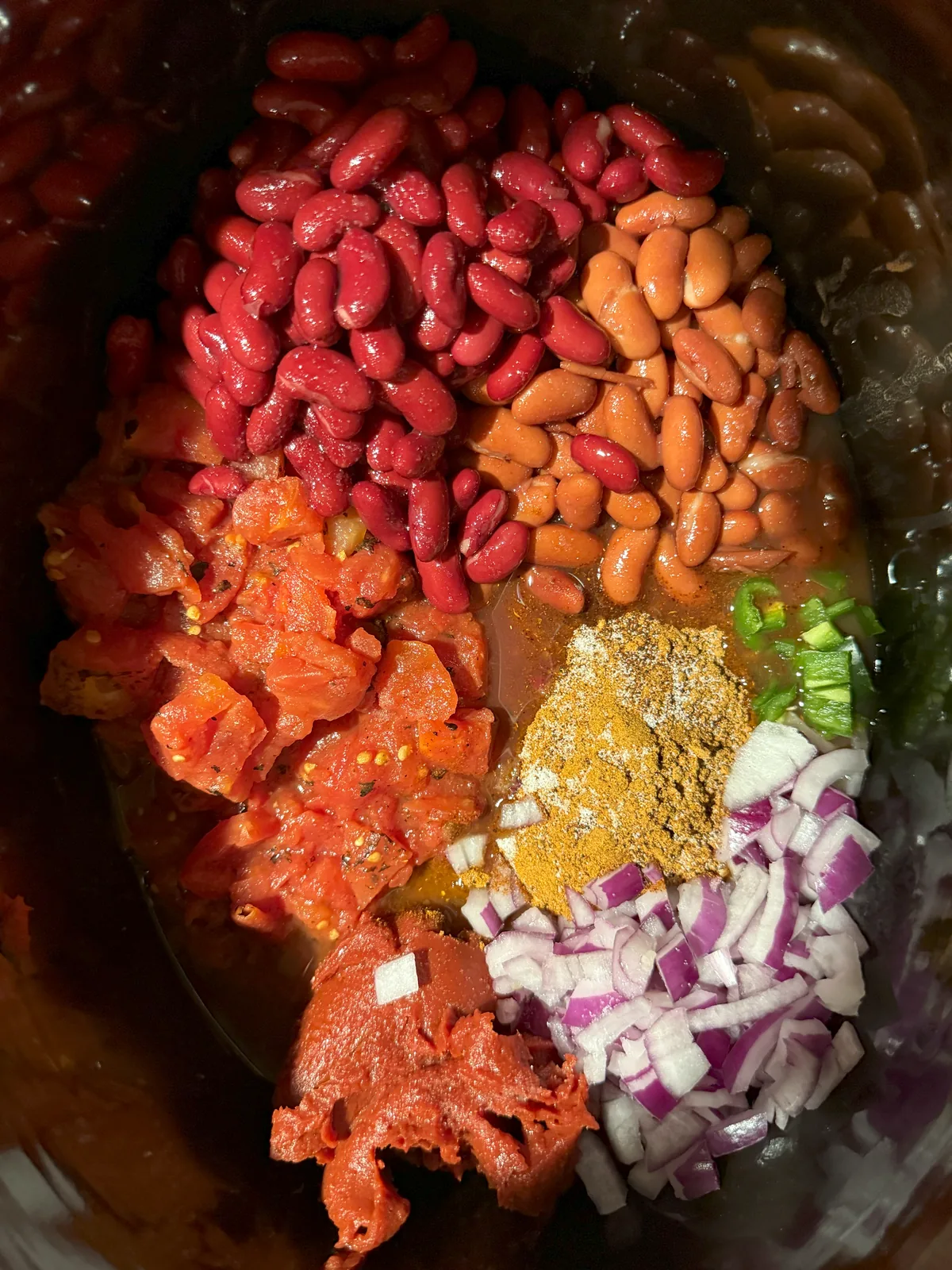 Kidney beans, chili beans, diced tomatoes, red onion, green chilies and the spice blend piled into the pot before stirring