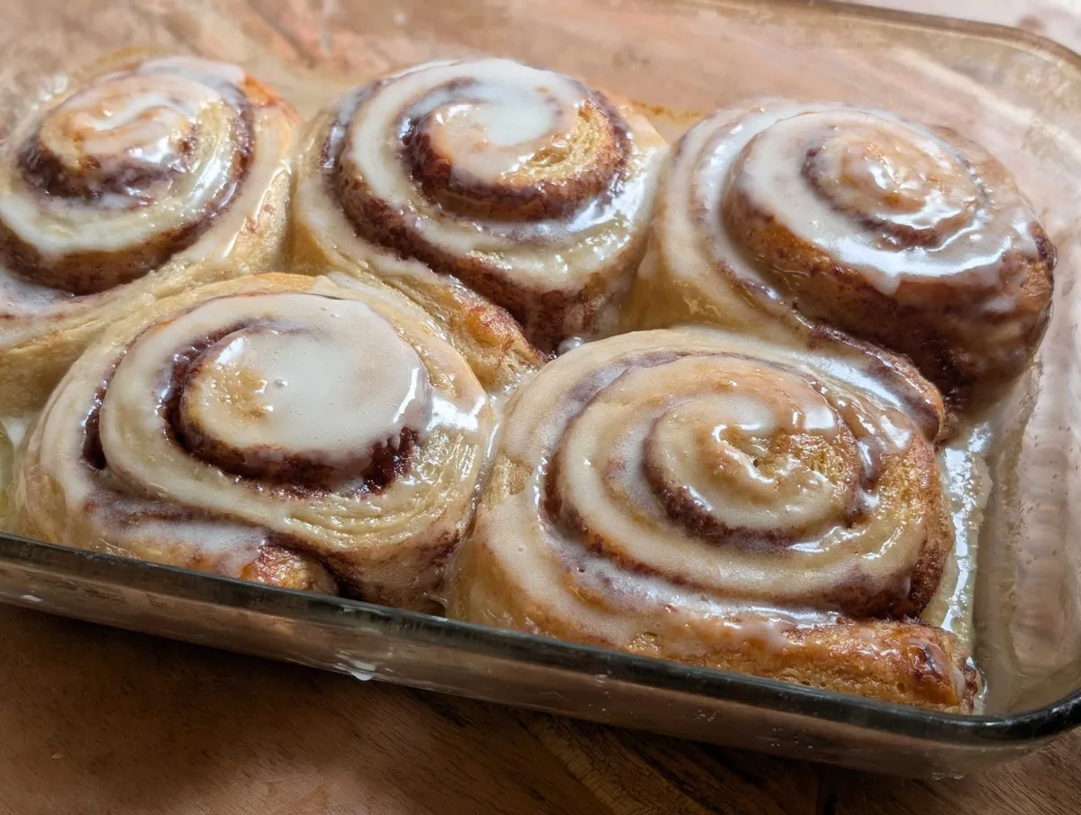 Cinnamon rolls in a glass baking dish, tight swirls glossy with melted cream cheese icing